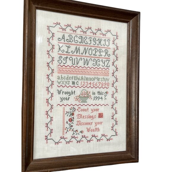 1994 Vintage Cross-Stitch Sampler In Wood Frame 12.5"x15.5" Count Your Blessings - Picture 1 of 4